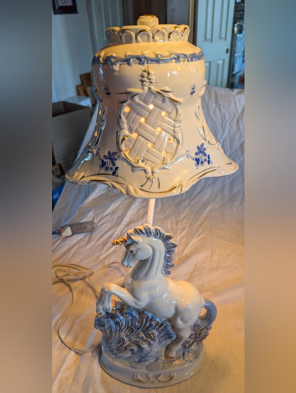 Vintage White and Blue Ceramic Unicorn Lamp